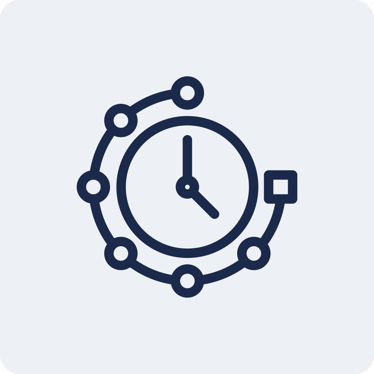 Icon of a clock with interconnected dots around it, suggesting time management or scheduling.