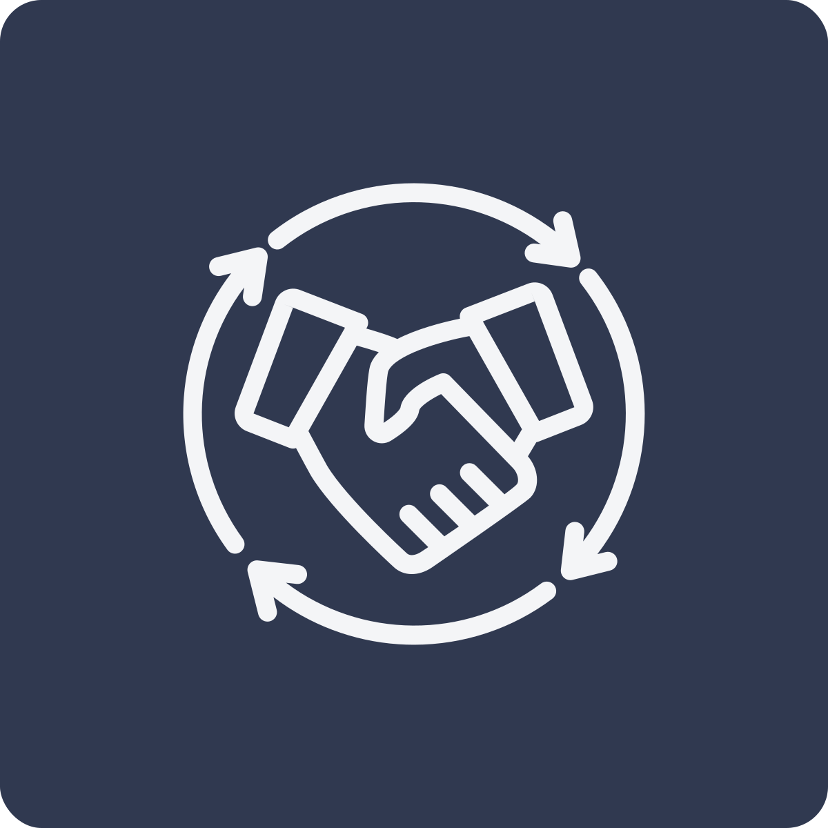 Outline of two hands shaking inside a circle of arrows, symbolizing cooperation or teamwork.