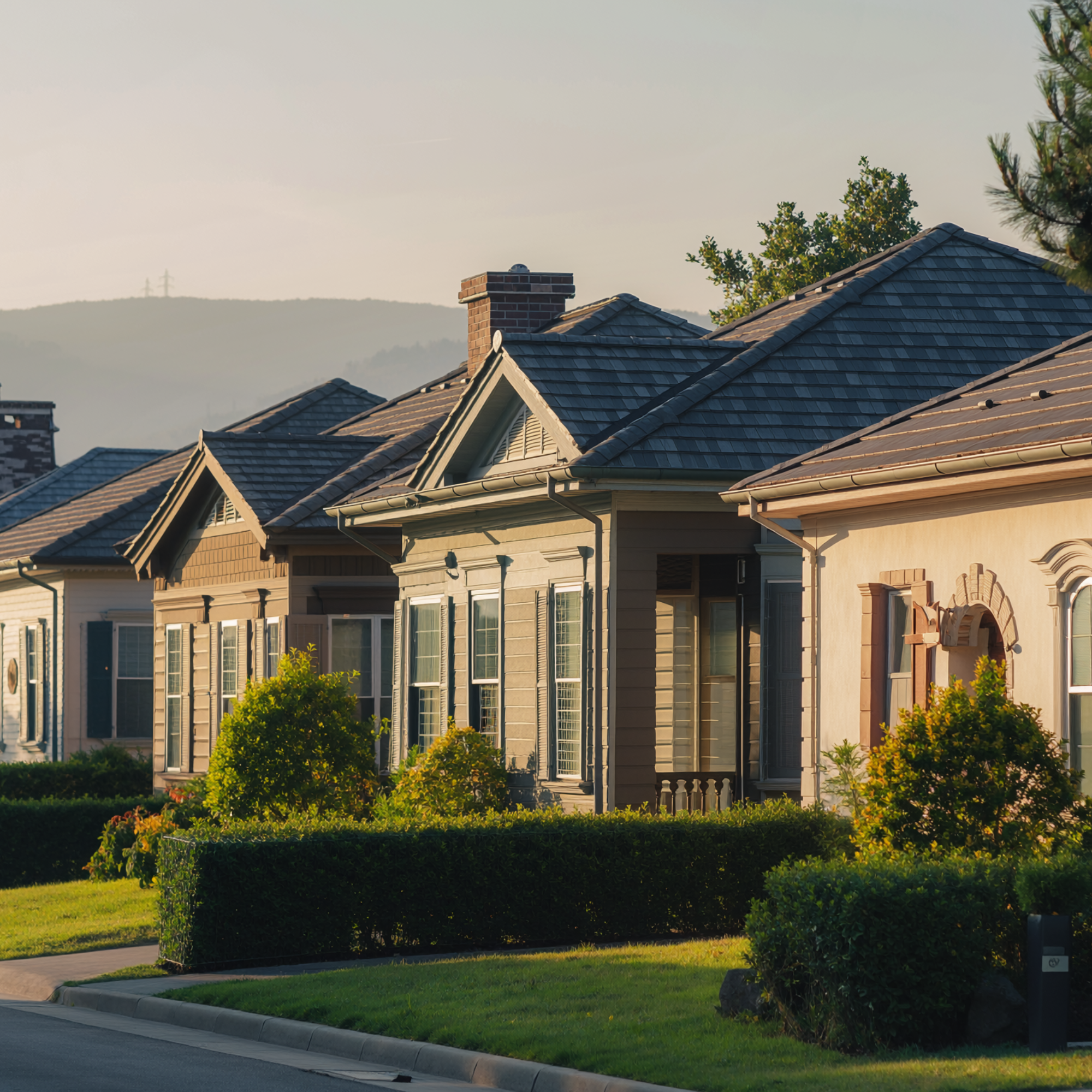 The image shows the rooftops of several houses with tiled roofs, a brick chimney, green trees, and bushes in a suburban neighborhood during daytime with a cloudy sky and power lines in the background.