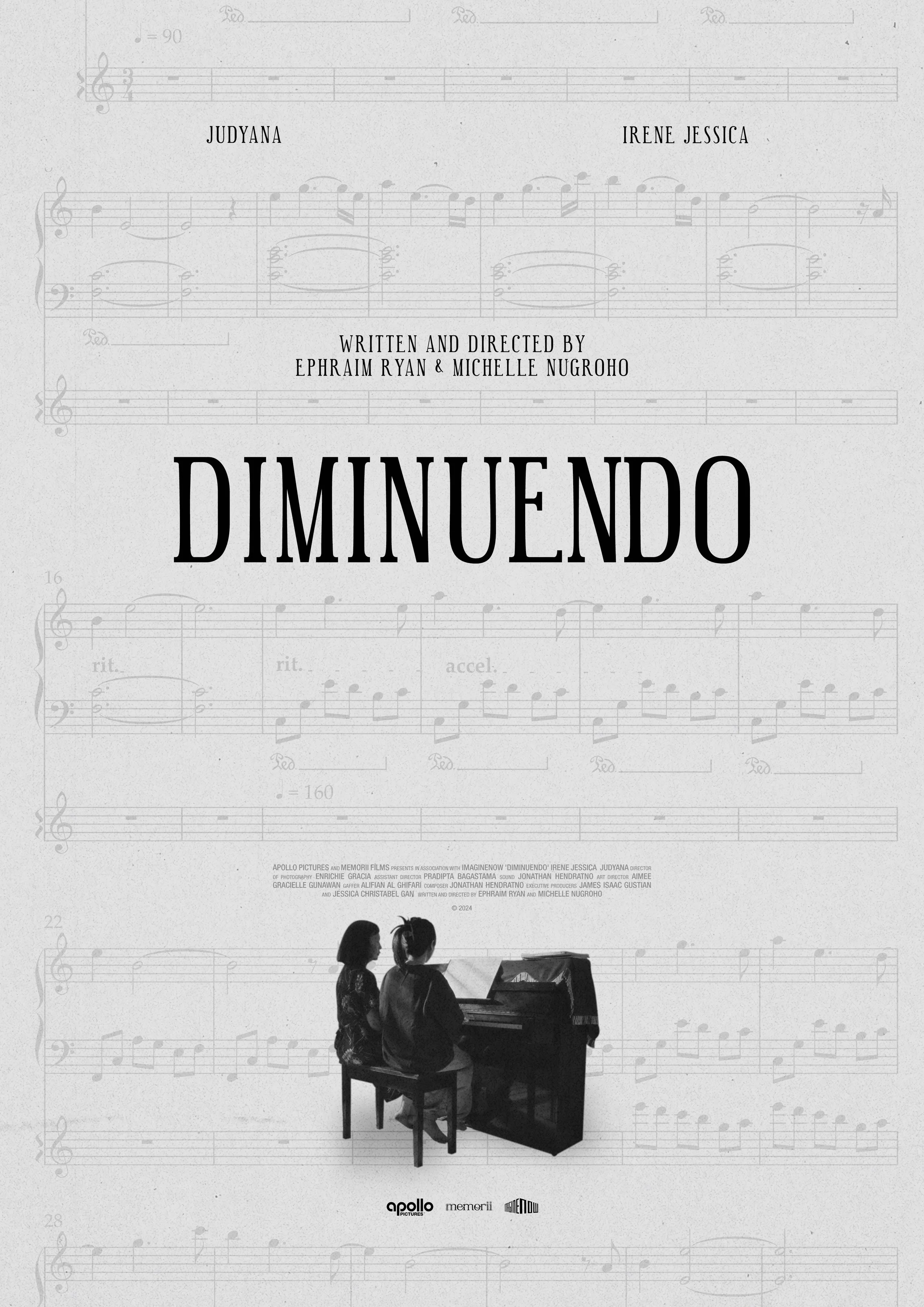 Cover page for the musical 'Diminuedo' with the names Judyana and Irene Jessica, the creators Ephraim Ryan and Michelle Nugroho, featuring a black and white photo of two children at a piano.