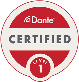 Dante Certified Level 1 badge with red and white design