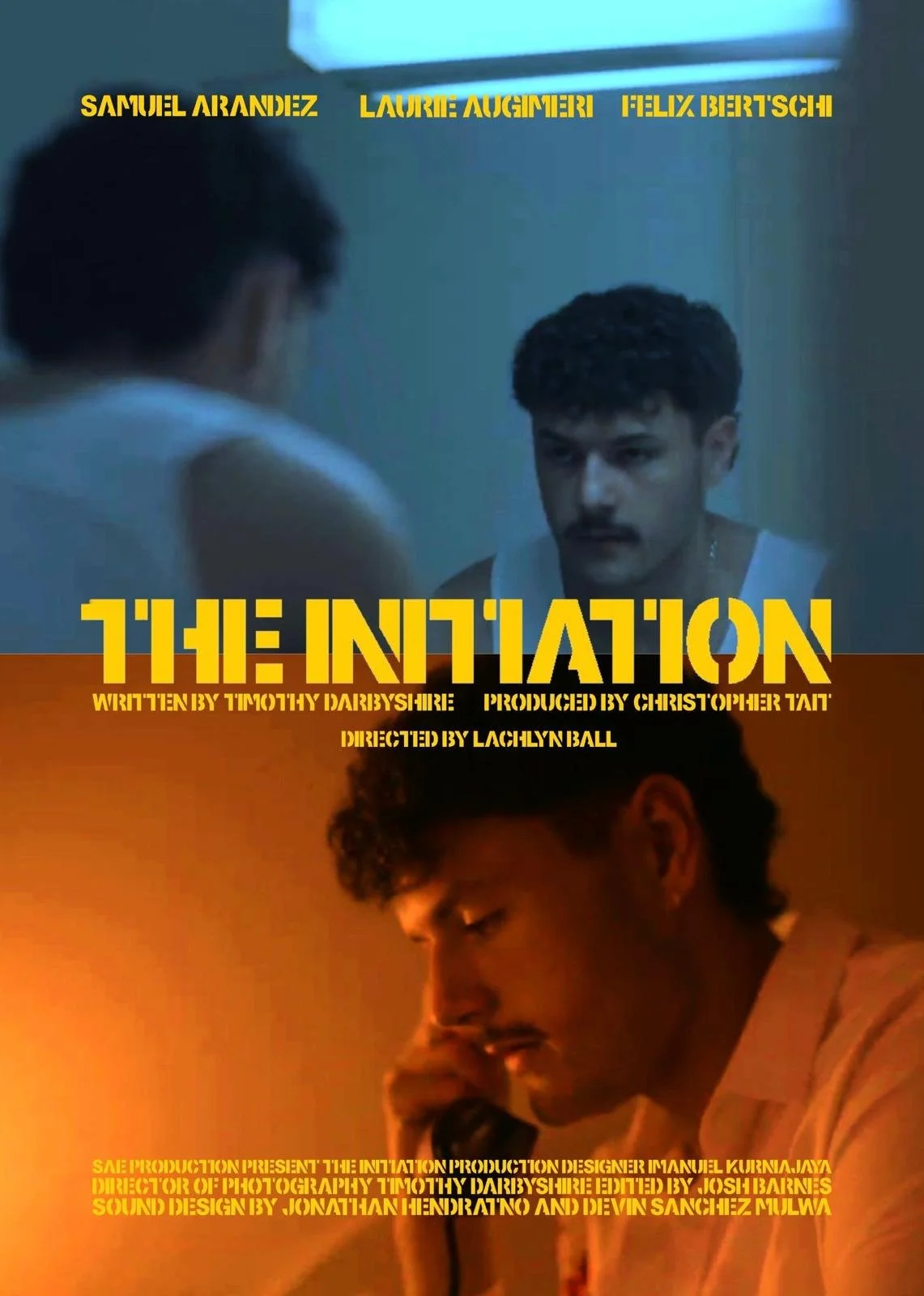 A split-screen image showing two scenes: the top features a young man looking sad or contemplative in a dimly lit room, and the bottom shows another young man speaking on a telephone in a warmly lit environment. Overlaid text provides credits for a project titled 'The Intation.'