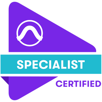 A purple badge with a white icon at the top, a teal banner with the word "SPECIALIST," and the word "CERTIFIED" in purple at the bottom.