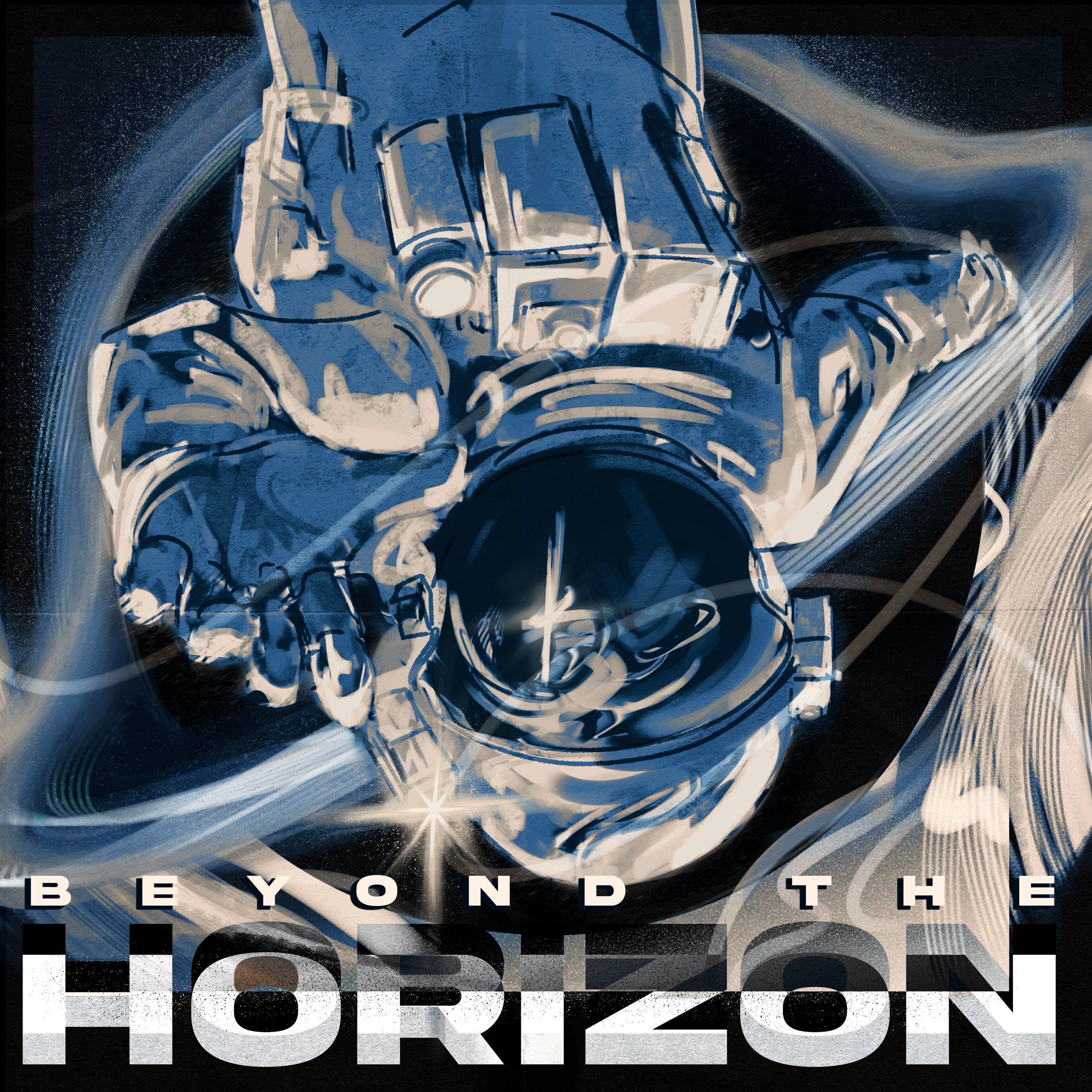 An abstract, stylized space-themed artwork featuring a spacecraft with white outlines and blue shading against a starry black background. The image contains scattered white and gray speckles resembling stars, with a prominent white star at the bottom center. Overlaid on the image are the words "BEYOND THE,