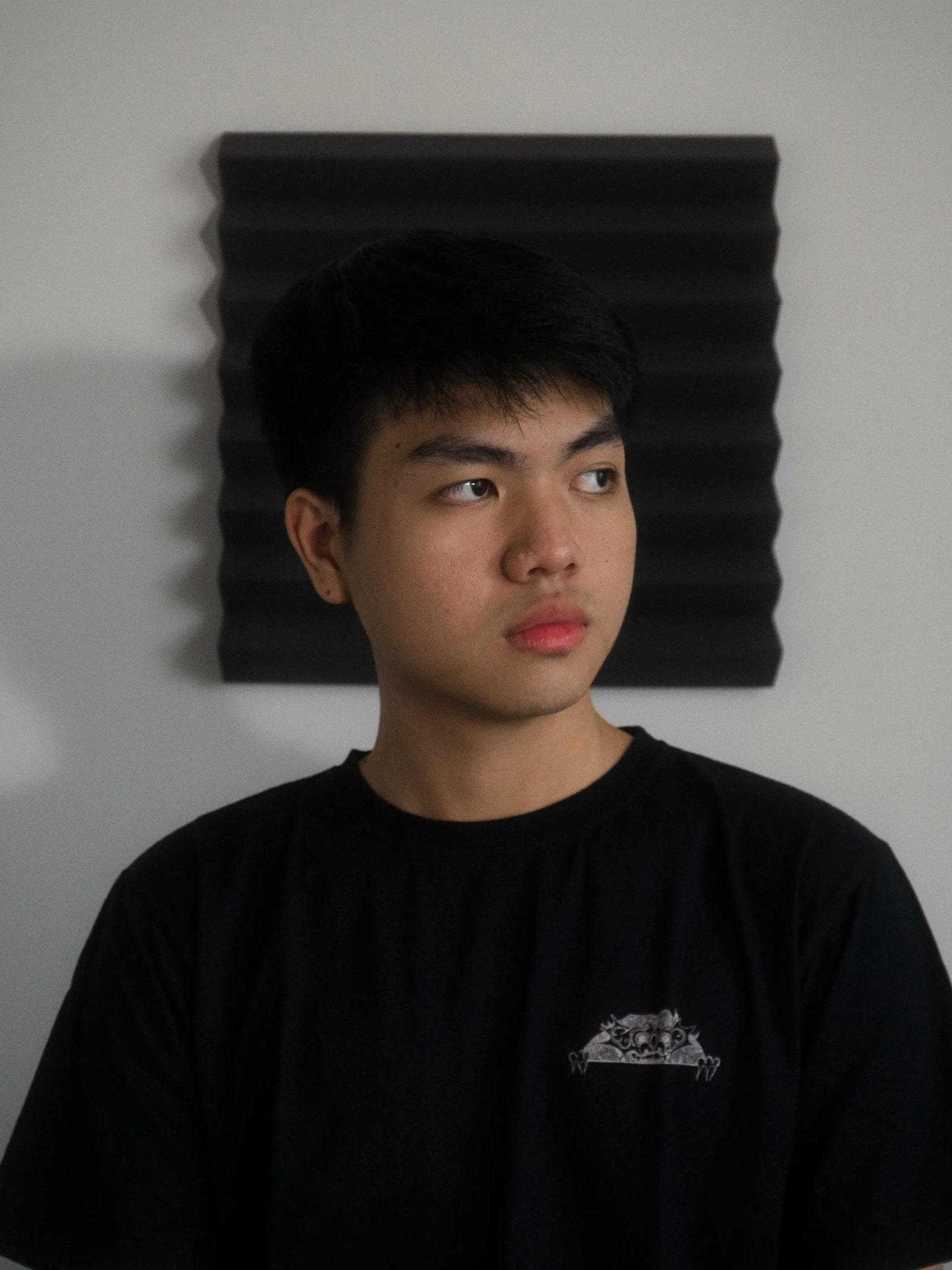 A young man with black hair wearing a black T-shirt featuring a graphic design, standing against a white wall with black soundproofing foam.