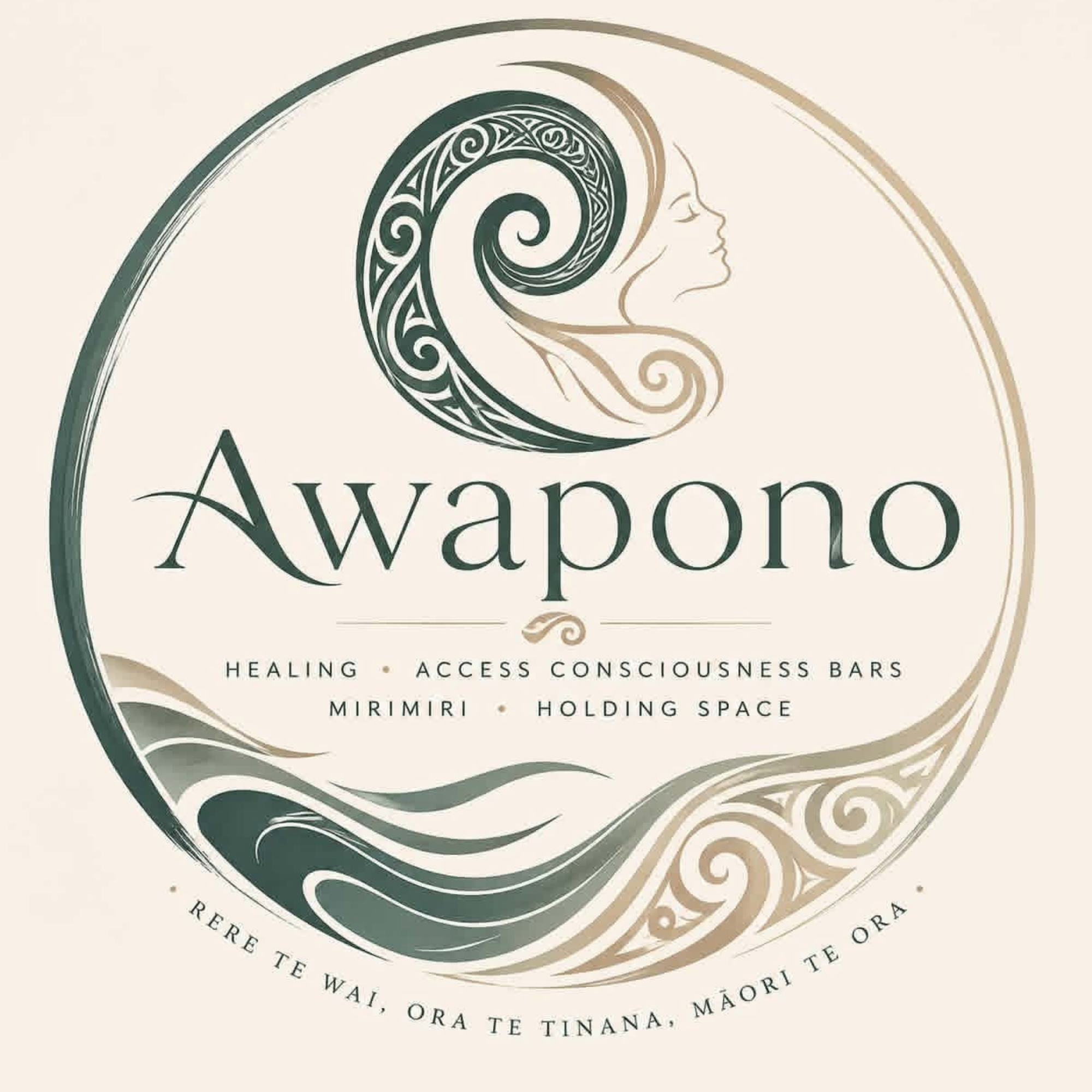 The image features a design with the profile of a woman's face outlined, complemented by intricate Maori-style spiral patterns in black and beige. The background is light, and there is text below that reads 'Awapō' along with additional words, indicating themes of healing, access, consciousness, and holding space.