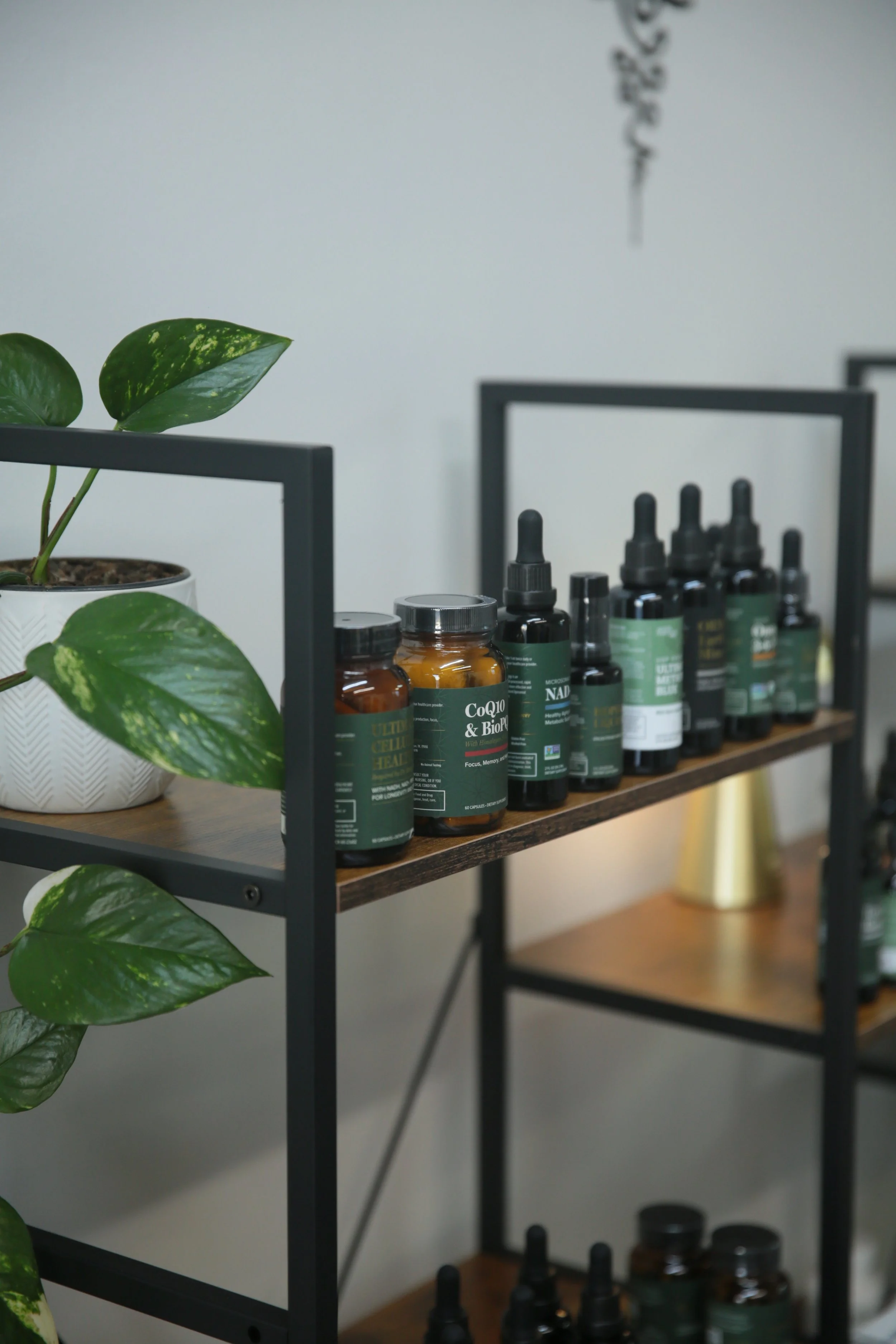 A wooden shelf with black metal frame holding various bottles of health supplements and herbal extracts, next to a green potted plant against a plain gray wall.