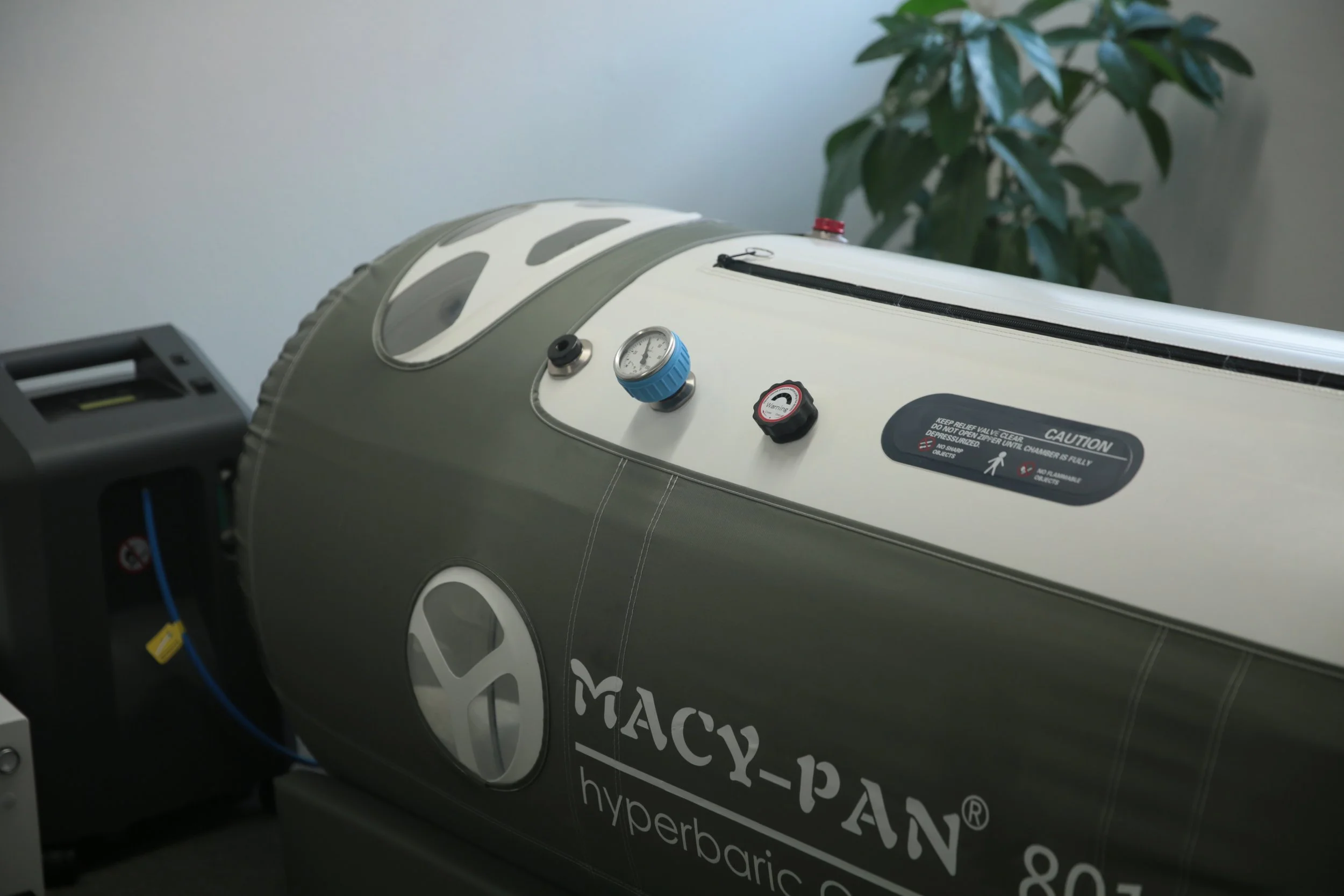 Medical hyperbaric oxygen chamber with gauges and warning labels, part of the chamber is visible with a plant in the background.