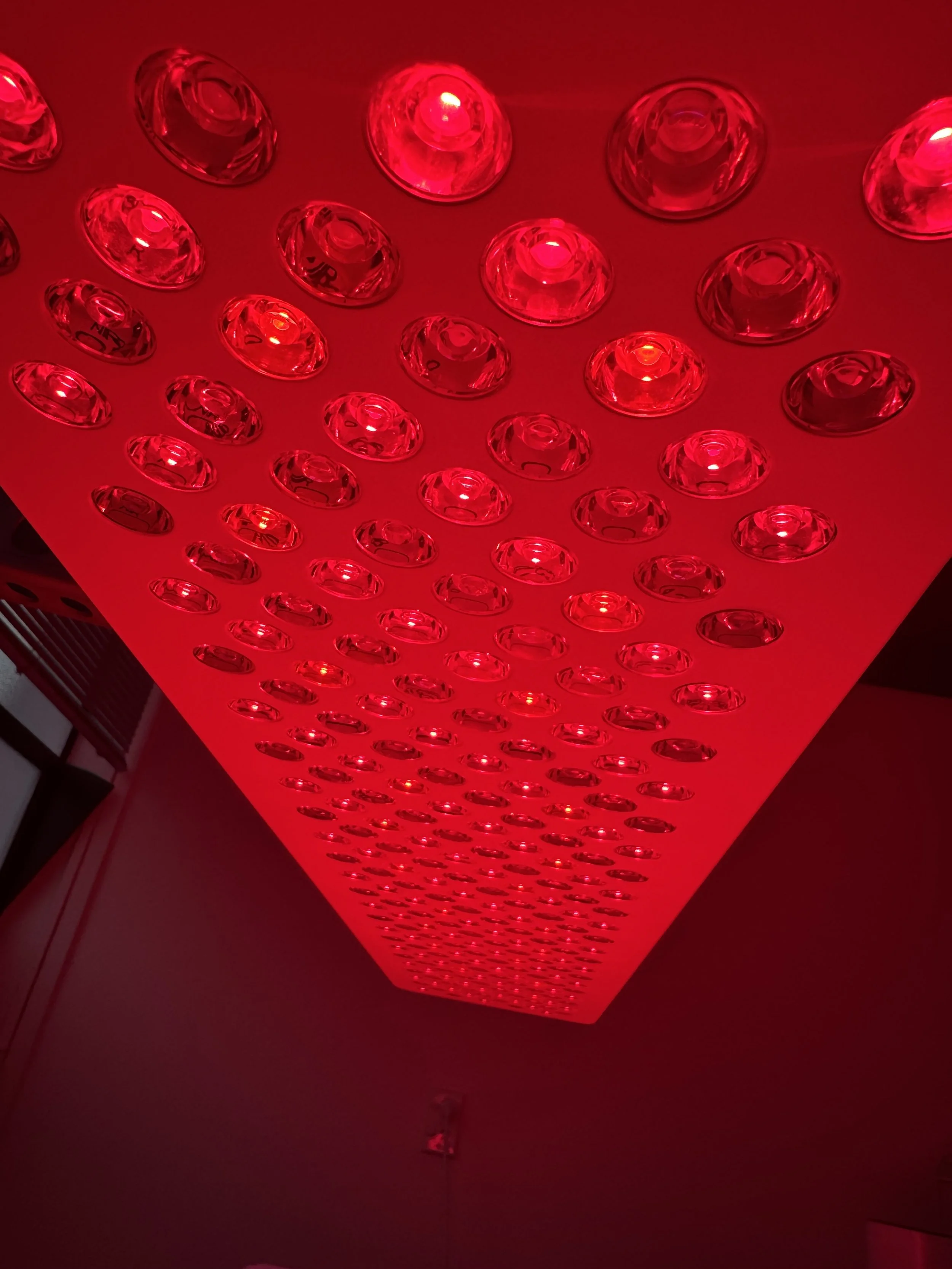Ceiling with multiple red, circular LED lights creating a pattern in a dark room.