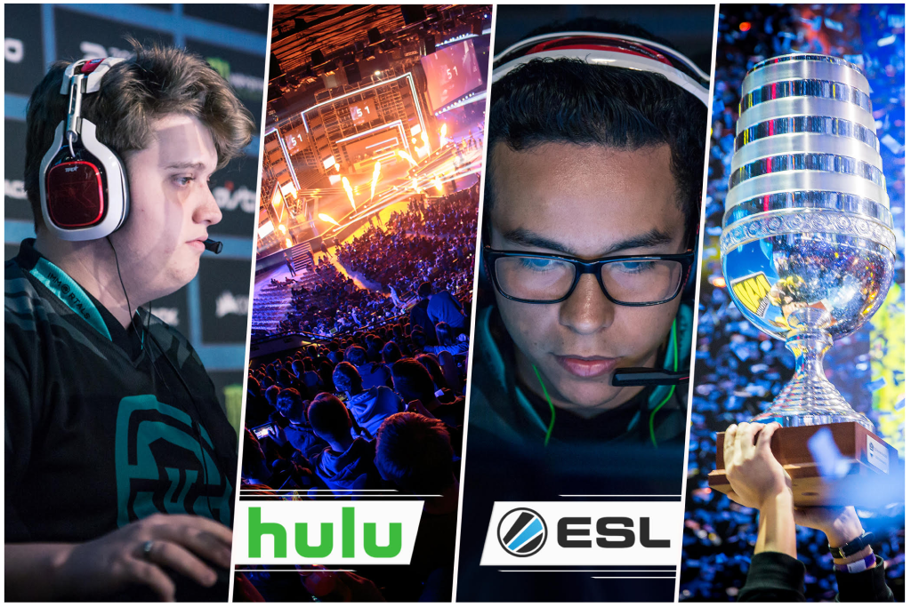 Collage of eSports events, including a gamer with headphones, a large audience at a gaming event, a young man with glasses and headset, and a trophy held up by a hand.