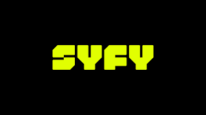 Bright yellow blocky text reading 'SYFY' on a black background.