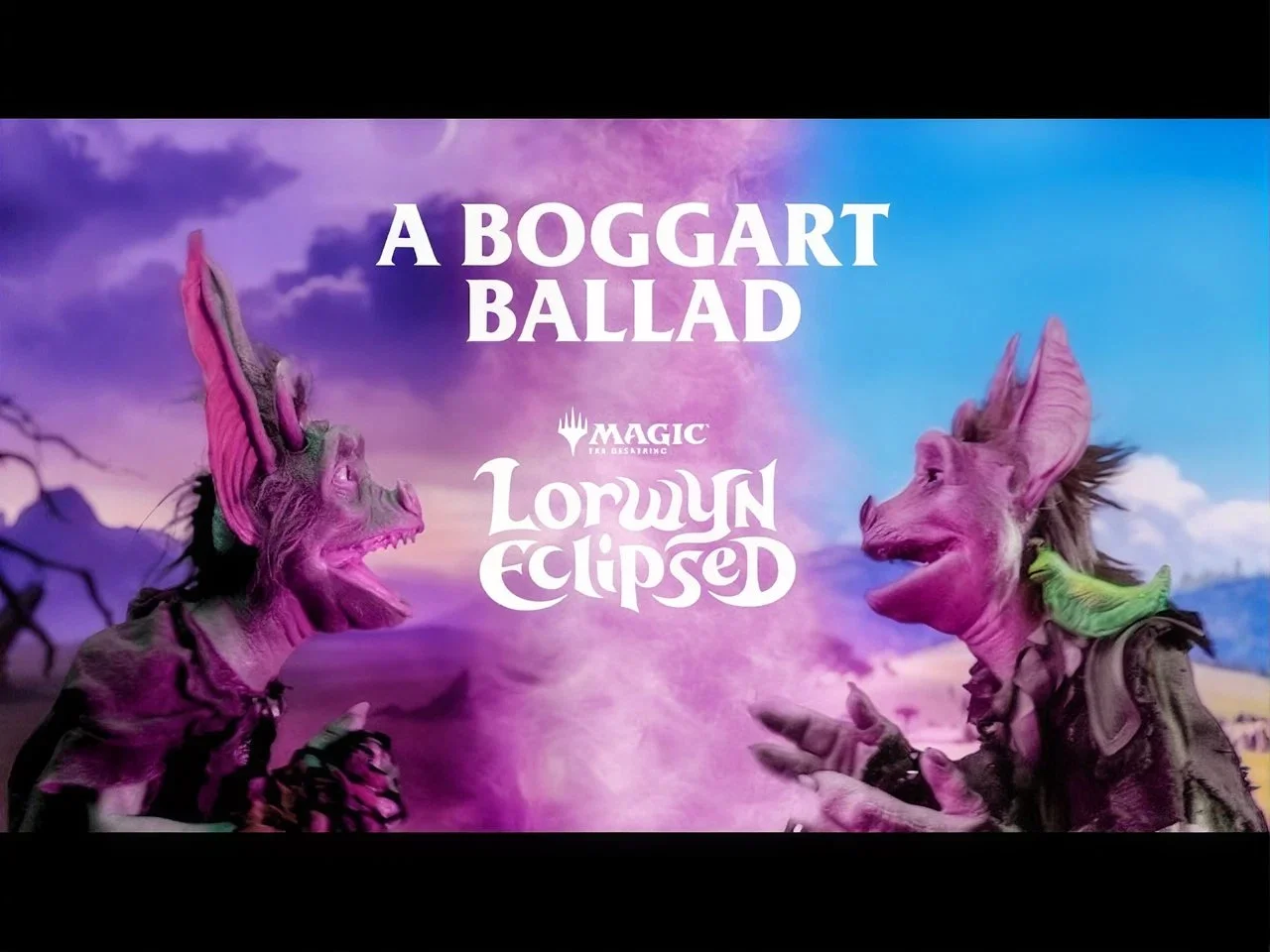 Promotional poster for 'A Boggart Ballad' from Magic: The Gathering, featuring two goblin-like creatures with large ears, colorful backgrounds, and fantasy landscape elements.