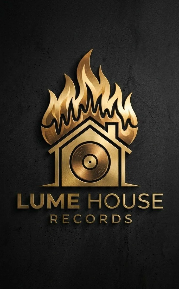 A gold metal logo of a house with flames on top, representing Lume House Records, with the text 'Lume House Records' beneath.