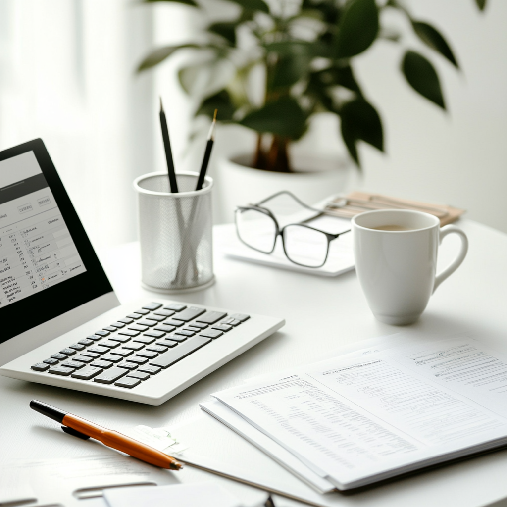Office desk with a laptop, papers, a cup of coffee, glasses, pens, and a potted plant.