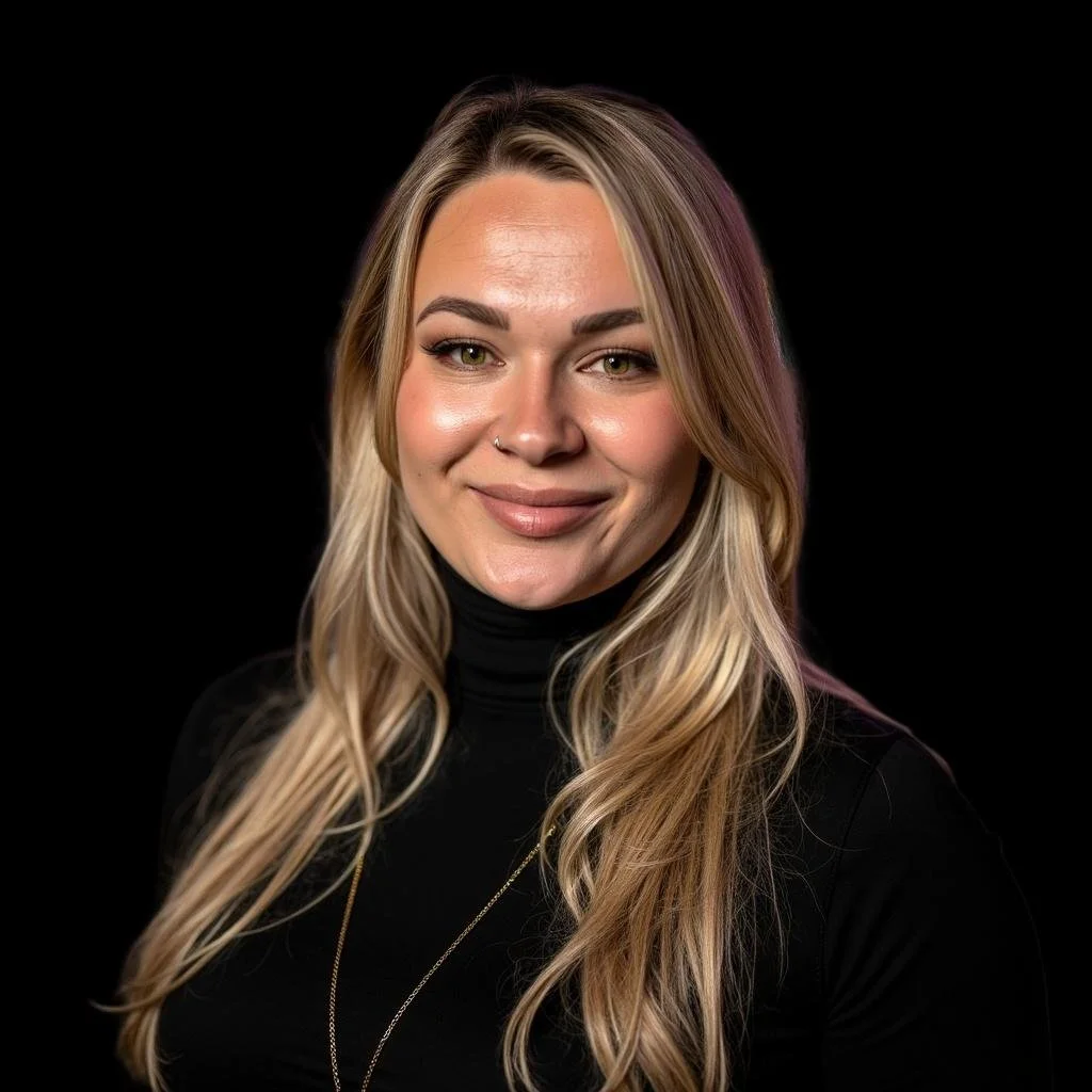 Portrait of a smiling young woman with long blond hair and a nose piercing, wearing a black turtleneck against a black background.