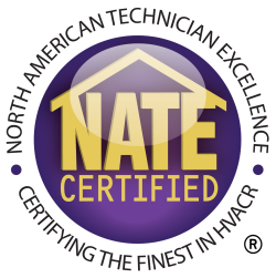 NATE Certified logo with a dark blue and gold color scheme, related to the North American Technician Excellence certification.