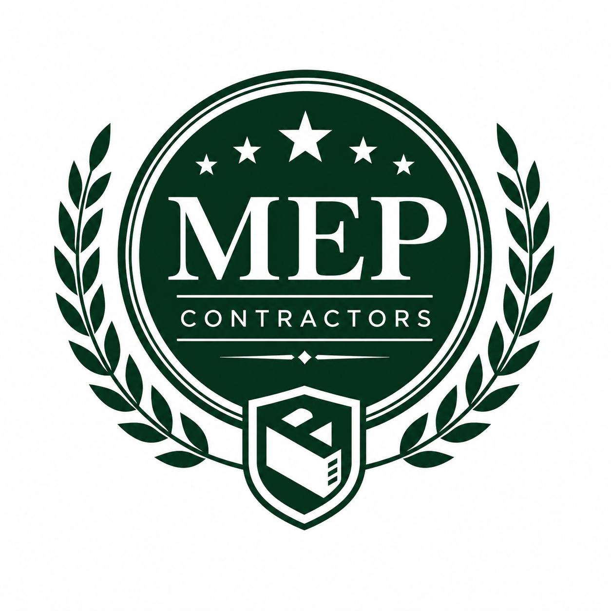 Green circular emblem for MEP Contractors, featuring laurel leaves, stars, and a shield with a geometric design.
