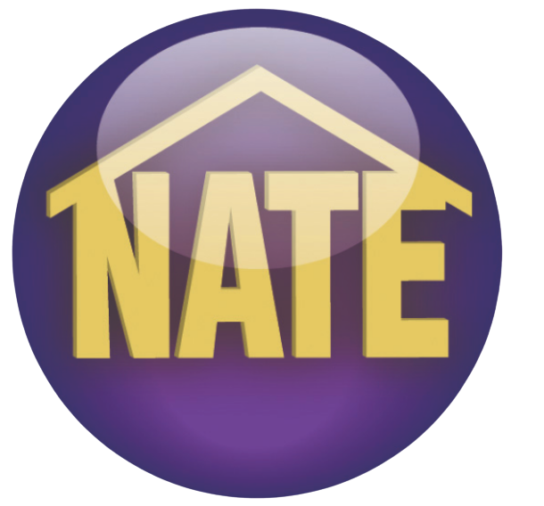 A circular logo with a purple background, featuring a yellow house outline and the word 'NATE' in large yellow letters inside it.