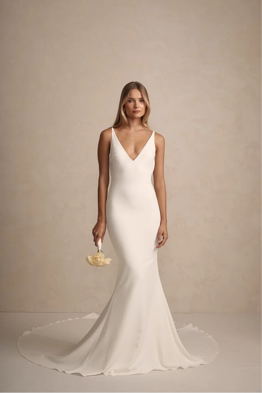 A woman in a long, elegant white wedding gown with a deep V neckline, standing against a plain beige background, holding a small bouquet of cream-colored flowers.
