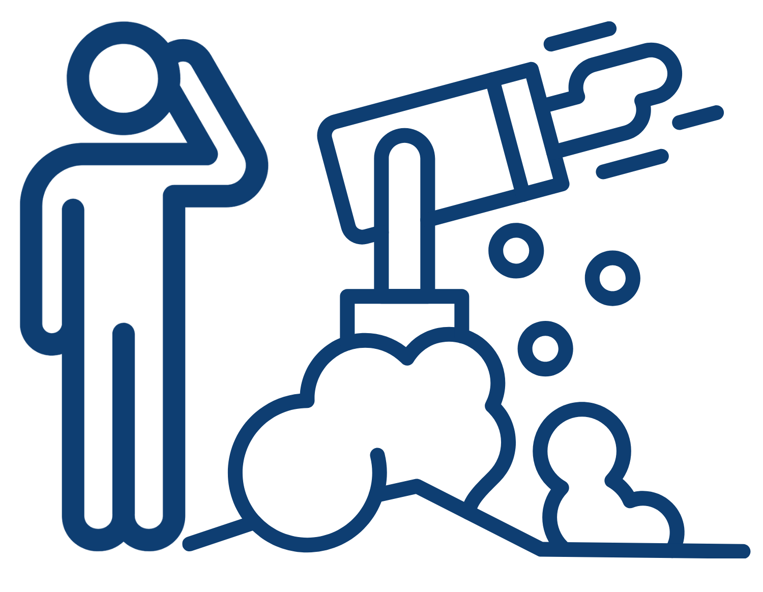 Line drawing of a person with a child, a foam cannon, and bubbles