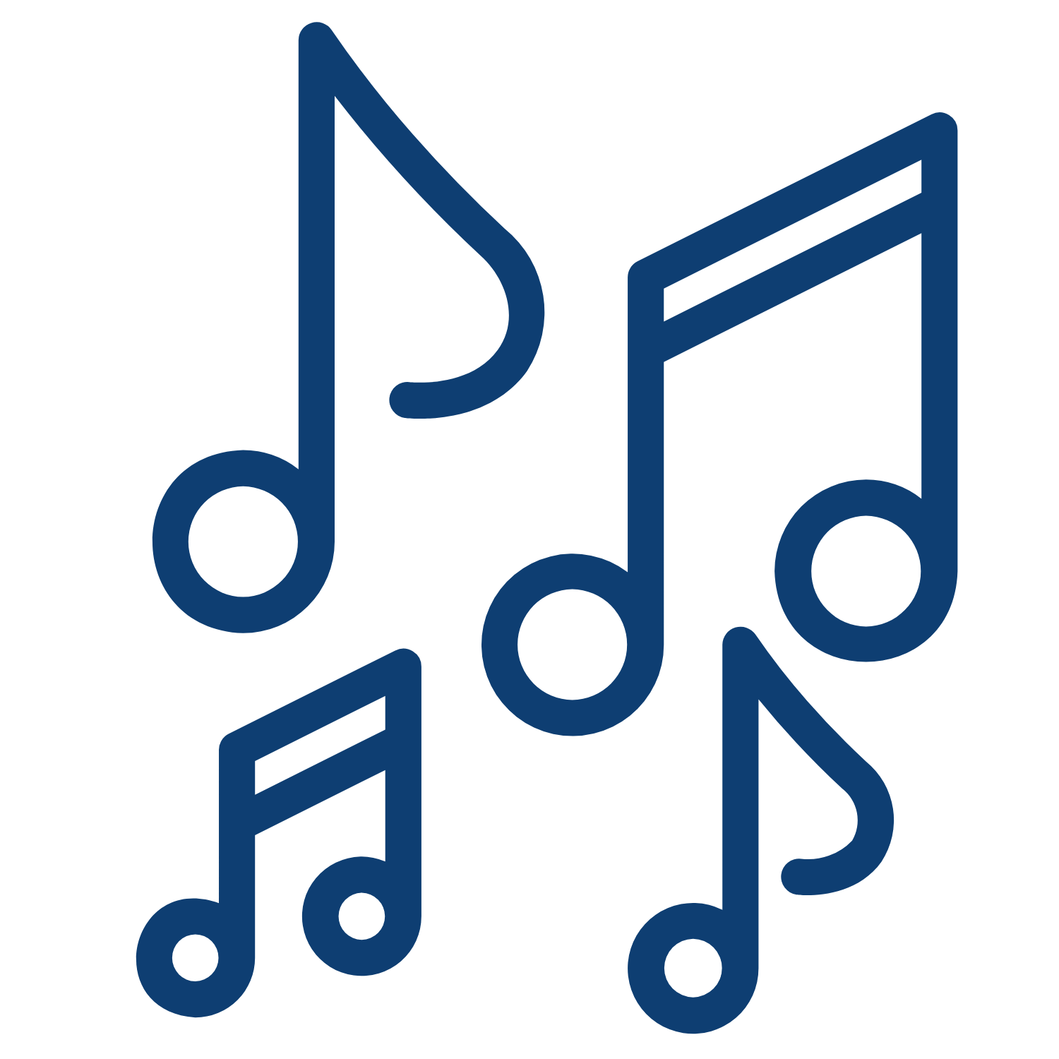 Stylized blue letters spelling the word "music" in a scattered arrangement.