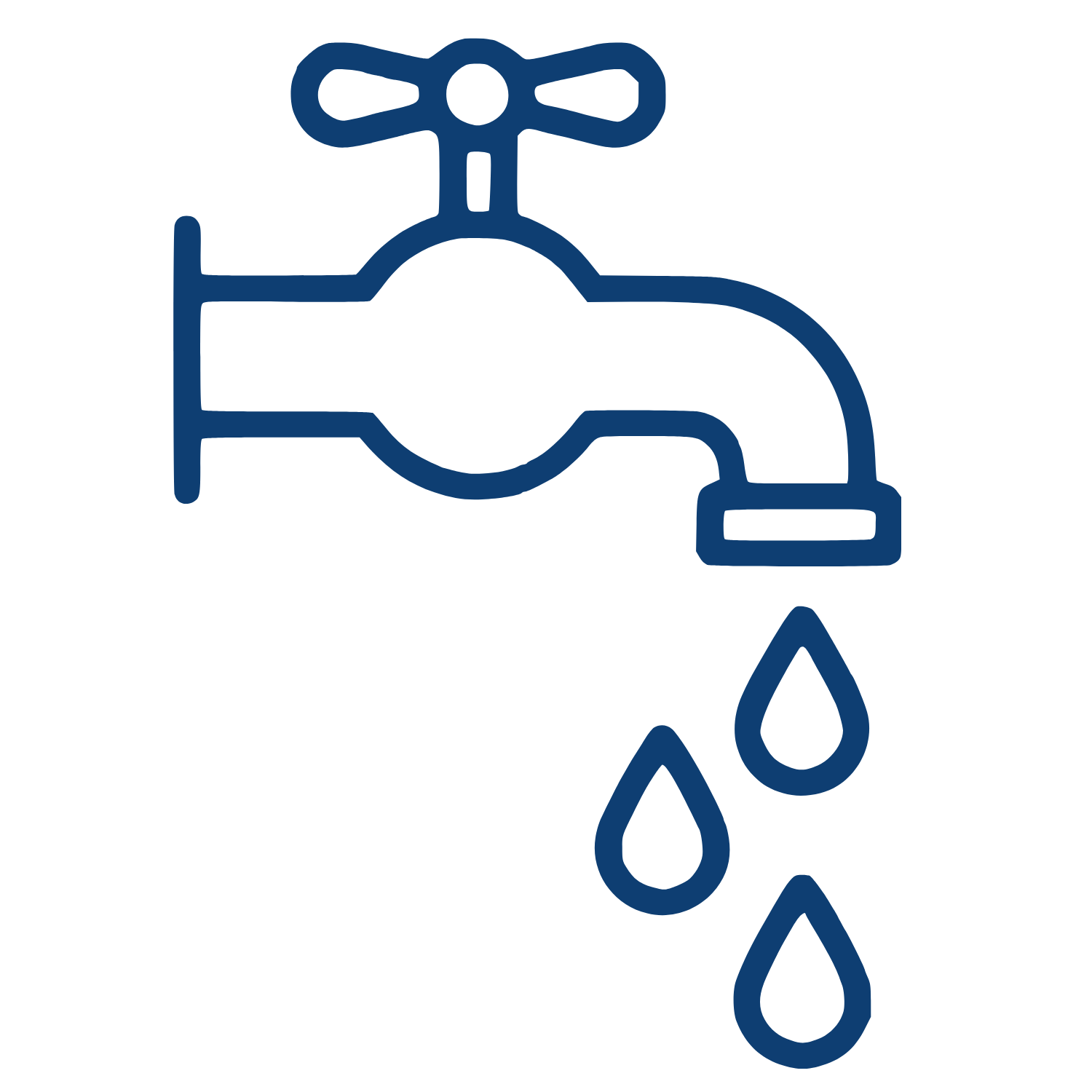 A simple illustration of a water faucet with water drops falling from it.