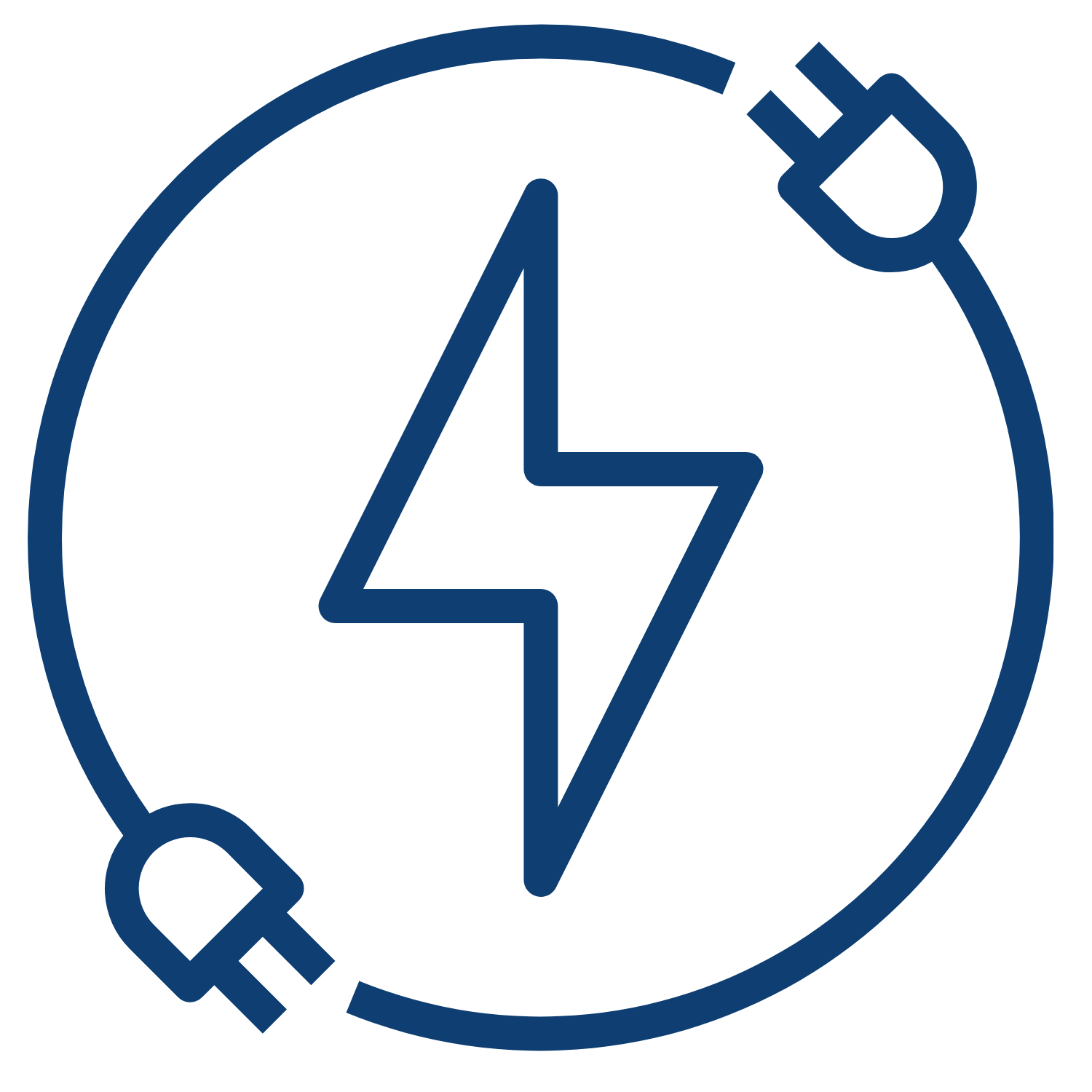 A circular blue icon with a dark blue lightning bolt in the center and two power plugs attached to the edges of the circle.