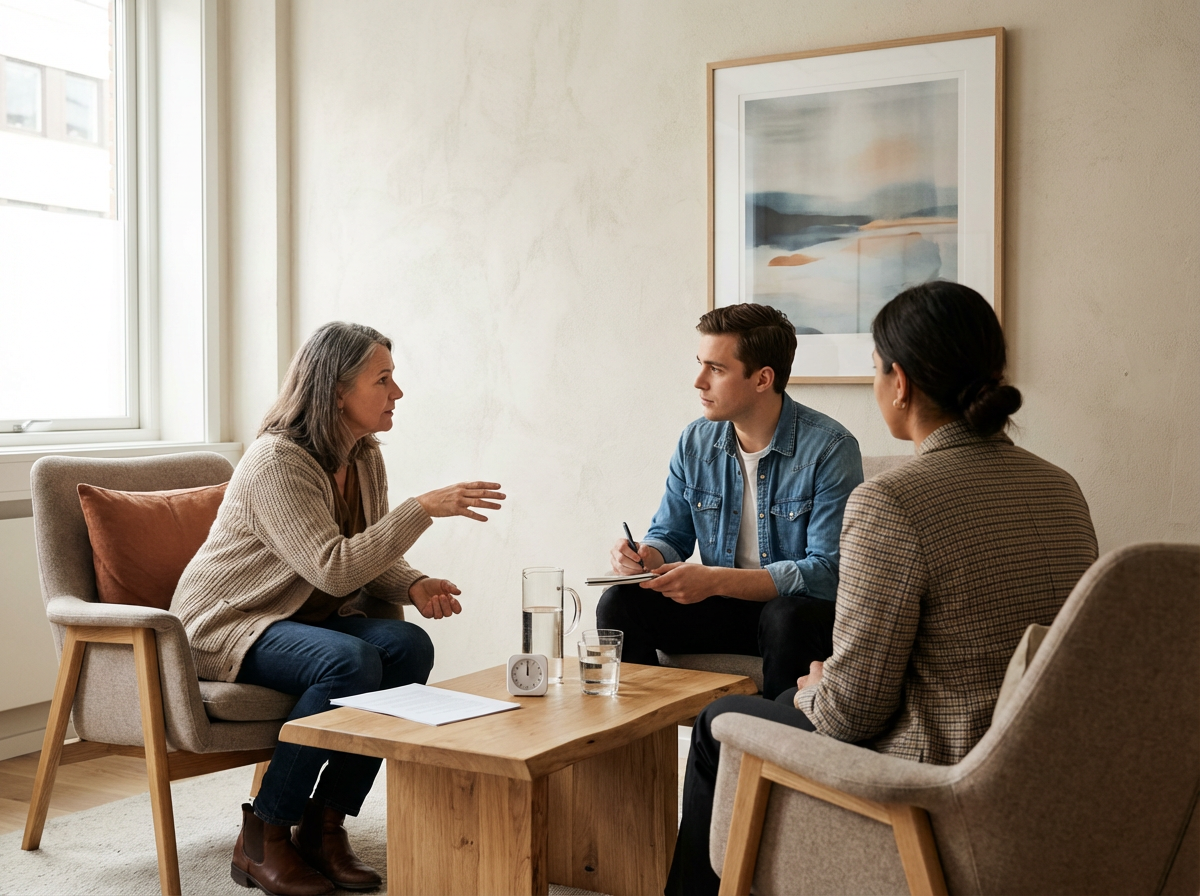 An older woman and two younger women having a conversation in a therapy session in a cozy, well-lit room.