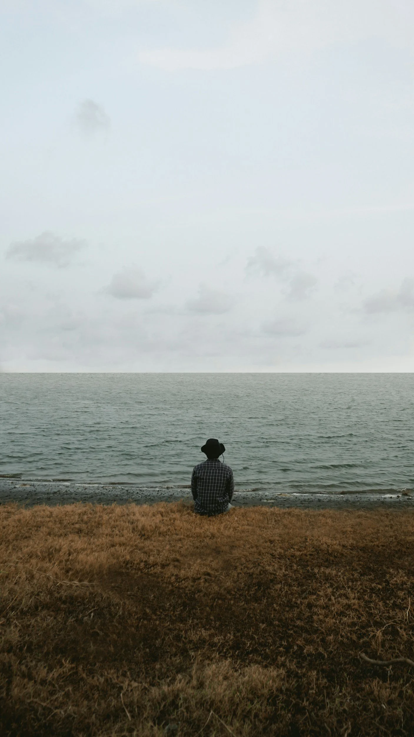 Person wearing a hat and plaid shirt sitting on grassy shoreline, looking at the ocean under cloudy sky.