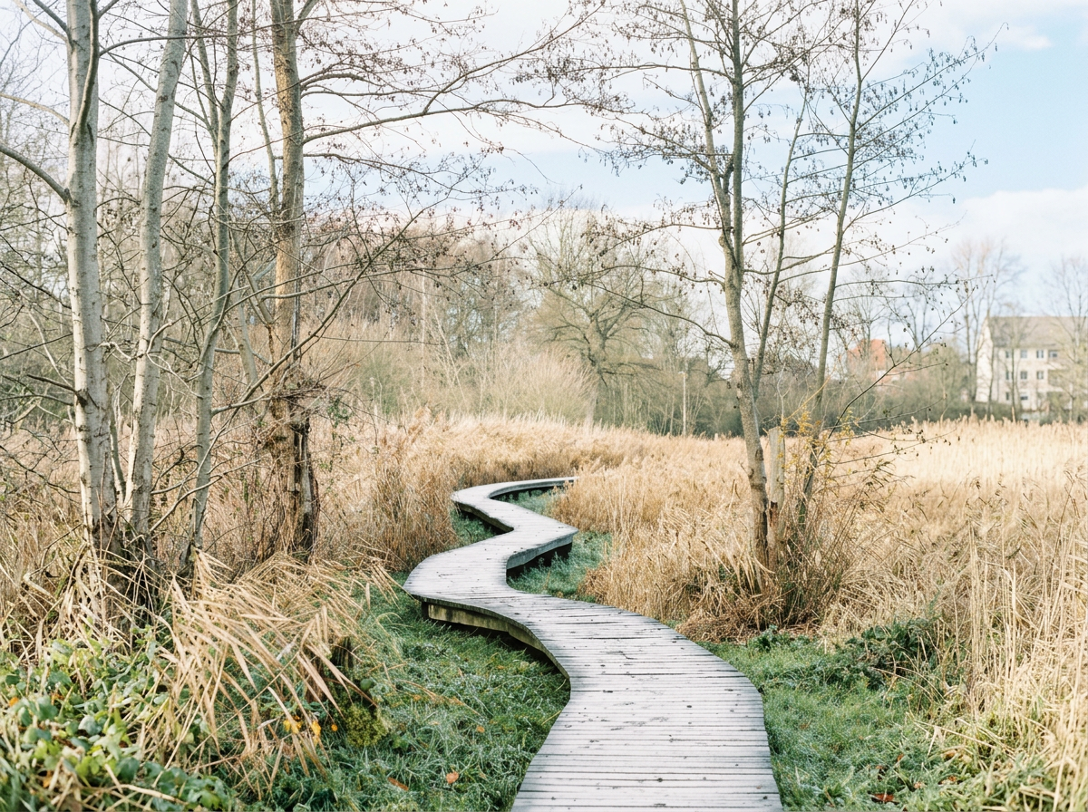 A winding wooden boardwalk through a grassy, marshy area with bare trees under a cloudy sky.