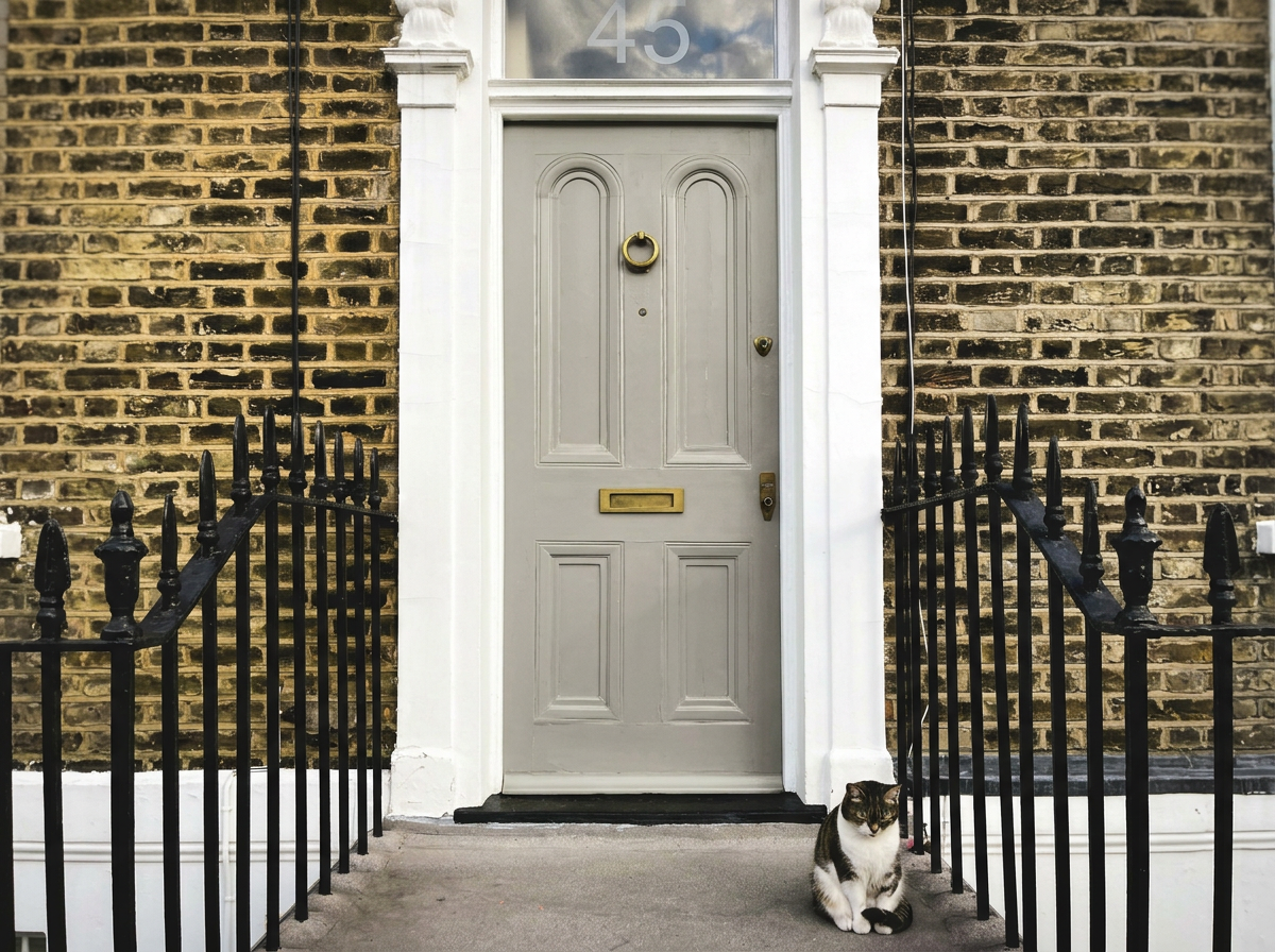 Gray front door with a brass mail slot, door knocker, and peephole, framed by white trim. The door is flanked by black wrought iron railings and a small cat sitting on the right side of the entrance.