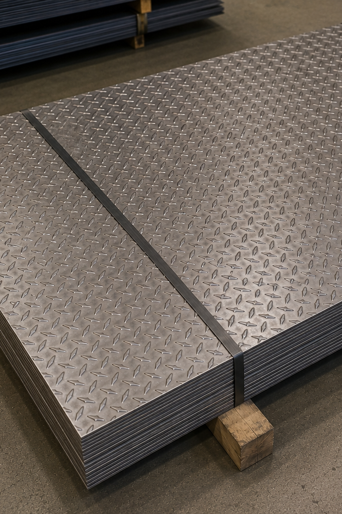 Stack of floorplate sheets secured with black banding, resting on small wooden block on a concrete floor.