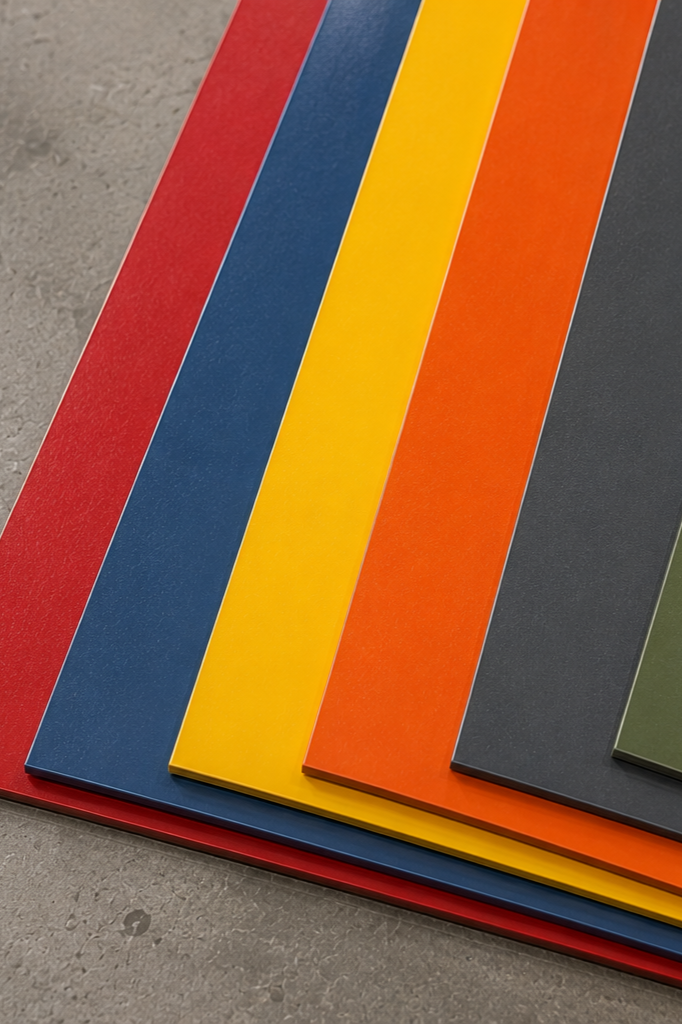 stacks of pre-paint steel fanned over a grey floor.