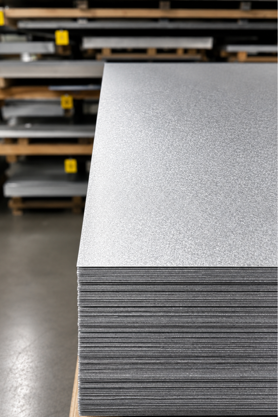 Stacked sheets of Aluzinc sheets with a blurred warehouse background.