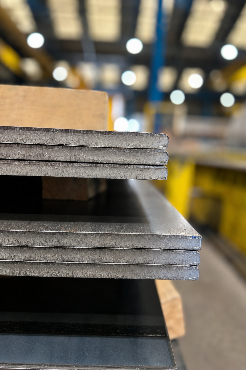 Close-up of stacked metal sheets in a warehouse with blurred lighting in the background.