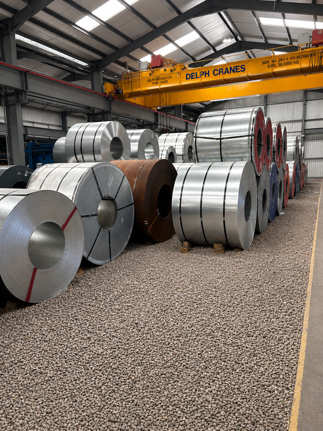 Steel coils stored inside an industrial warehouse. A yellow overhead crane labeled 'Delph Cranes' is visible above the coils.