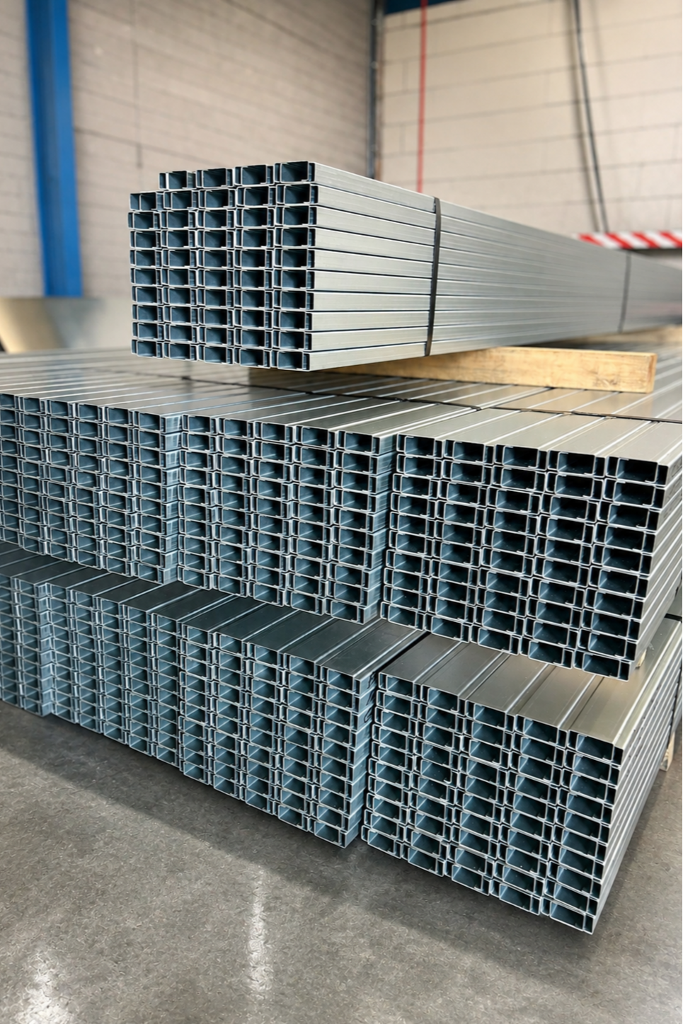 Stacks of galvanised pressed channels in a warehouse or factory setting.