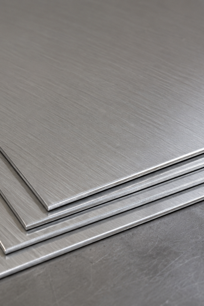 Stacked stainless steel sheets with brushed finish on a gray surface.