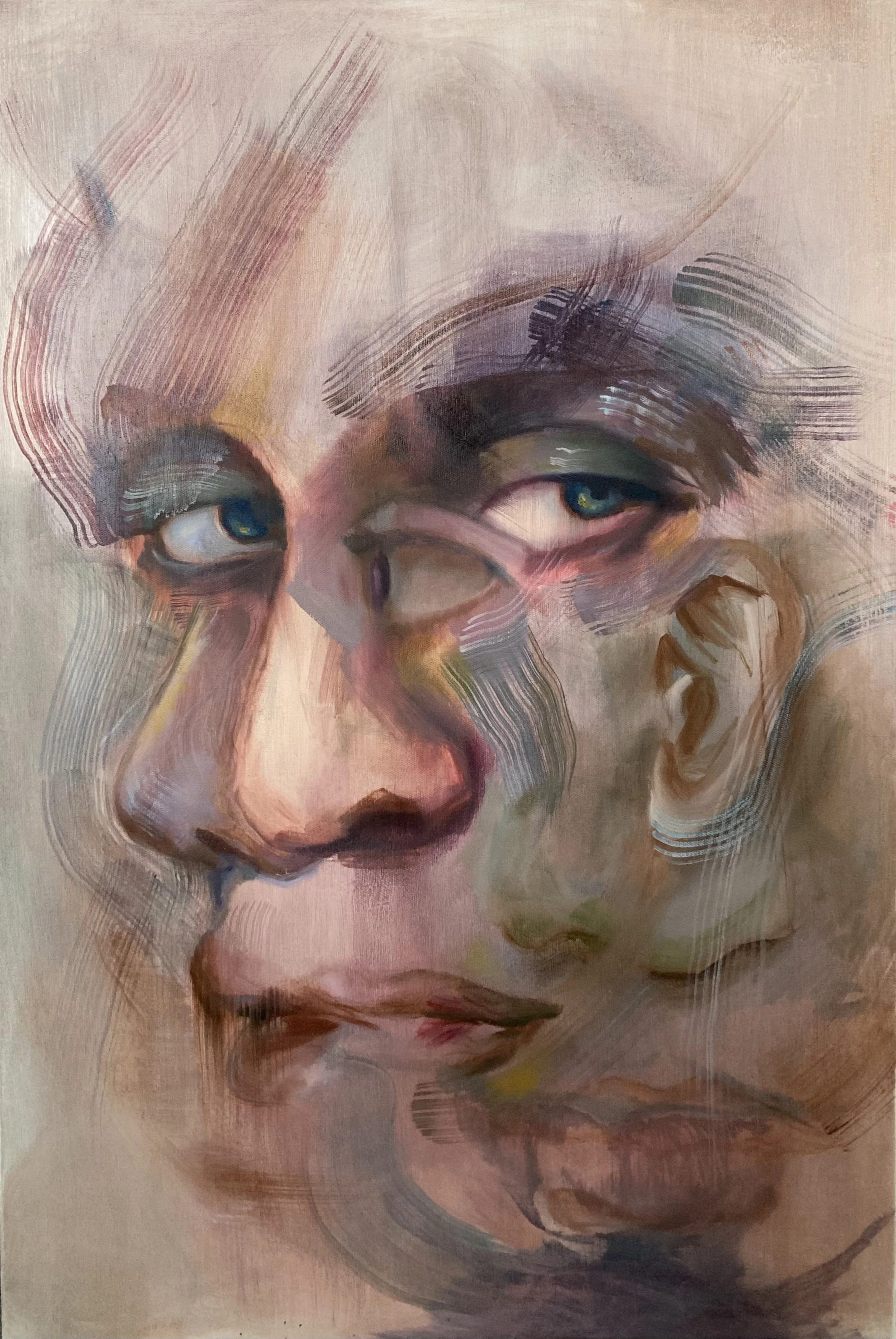 "Eavesdrop," an abstract portrait in oil on canvas by Gemma Burridge