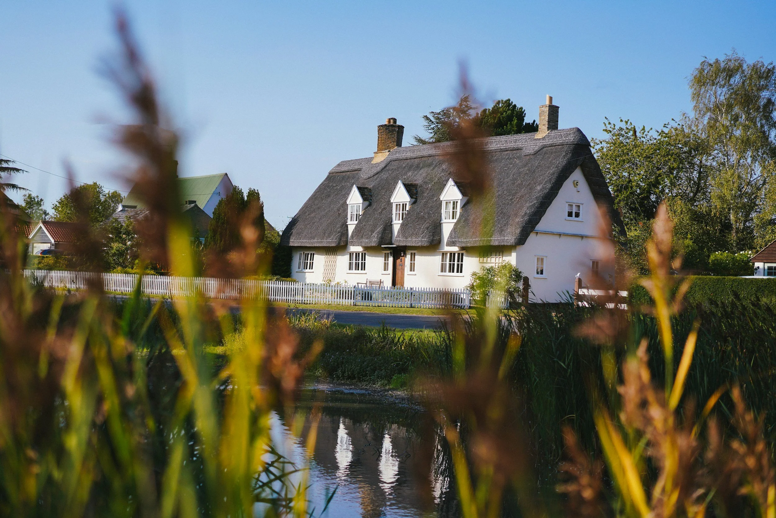 A white cottage with a thatched roof, chimneys, and small windows, surrounded by trees and a white picket fence, viewed through tall grass and plants near a water body under a clear blue sky.