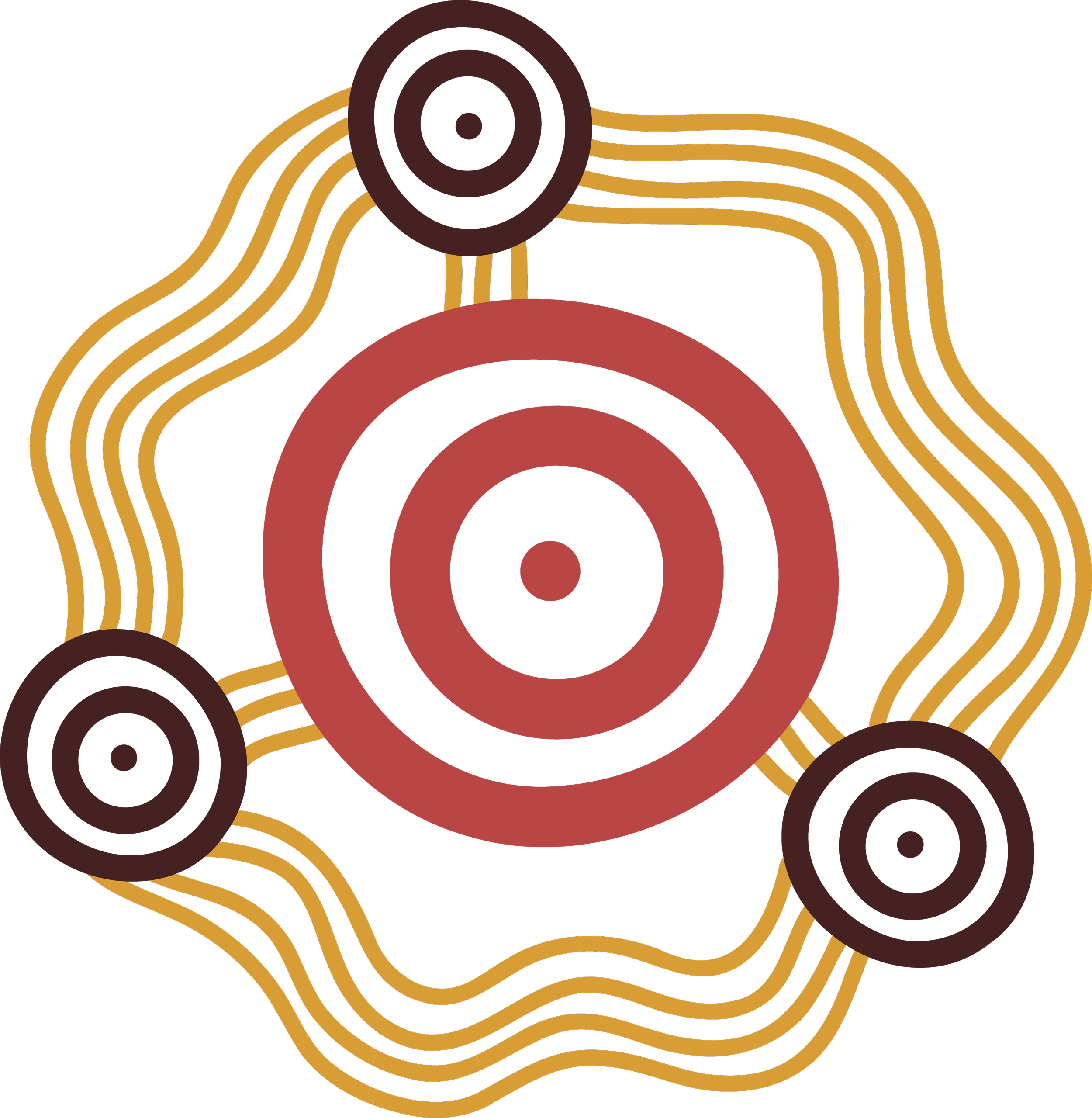 The Yinhawangka logo. Abstract design with concentric circles and wavy lines in black, red, brown, and yellow colours.