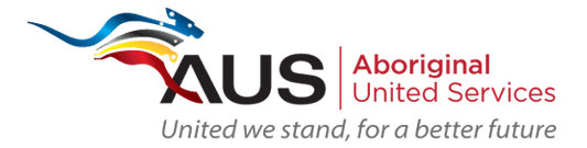 Logo of Aboriginal United Services (AUS) featuring stylized blue, red, yellow, and black eagle head with the text 'AUS' and 'Aboriginal United Services' and the slogan 'United we stand, for a better future'.