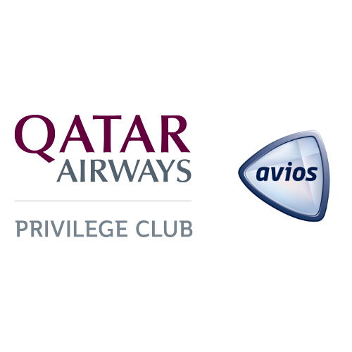A black background with the text 'AVIOS' inside a shield logo, and the words 'Qatar Airways' underneath, with some additional text and logo elements.