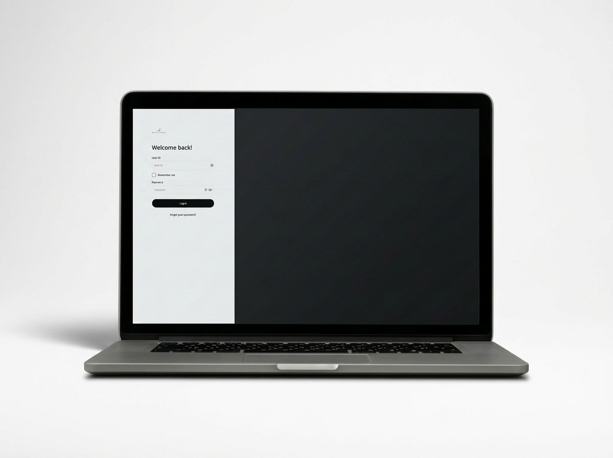 Laptop computer with login screen displayed, showing username and password fields on a white and dark background.