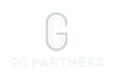 Logo with a large stylized letter 'G' and the text 'GC PARTNERS' below it, on a black background.