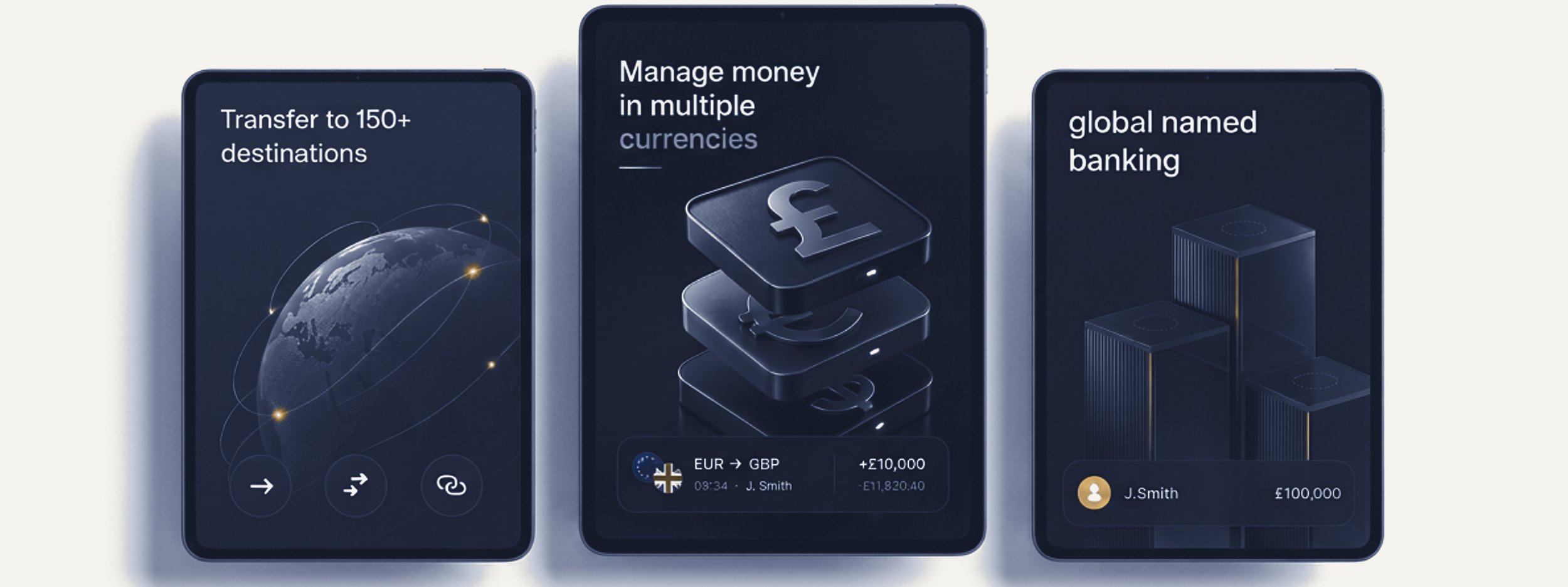 Three mobile screens displaying features of a digital banking app. The first screen shows global transfer capabilities, the second shows managing money in multiple currencies, and the third shows global banking services with user and account details.
