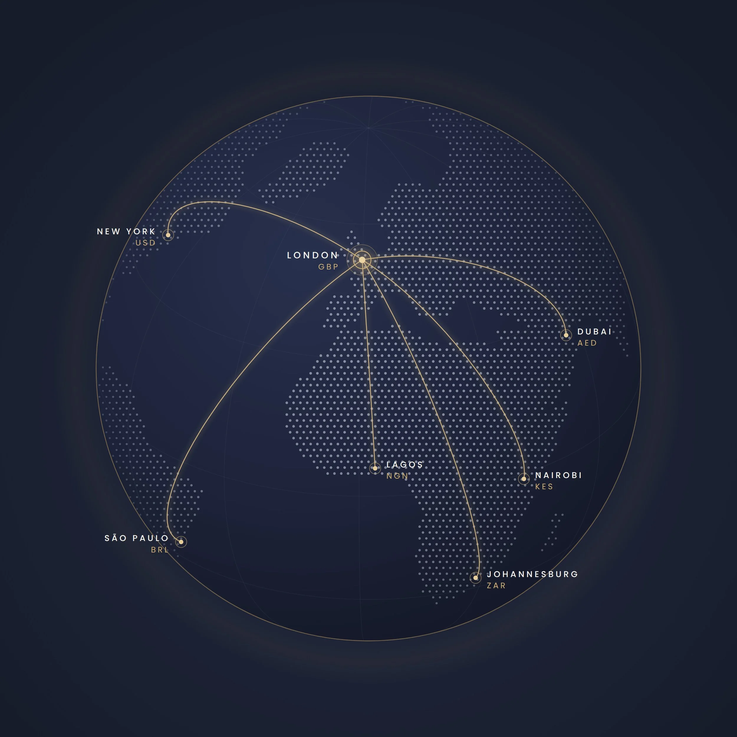A digital globe map displaying major cities including New York, London, Dubai, São Paulo, Lagos, Johannesburg, and Nairobi connected by lines, with a dark background.