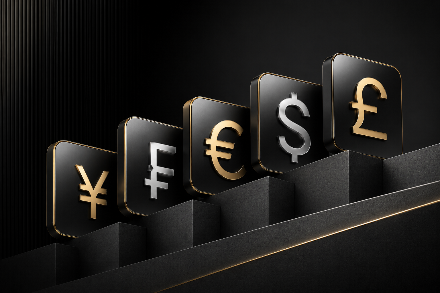 Black and gold icons of different currency symbols (Yen, Euro, Dollar, Pound) arranged in ascending order on a black surface with a dark background.