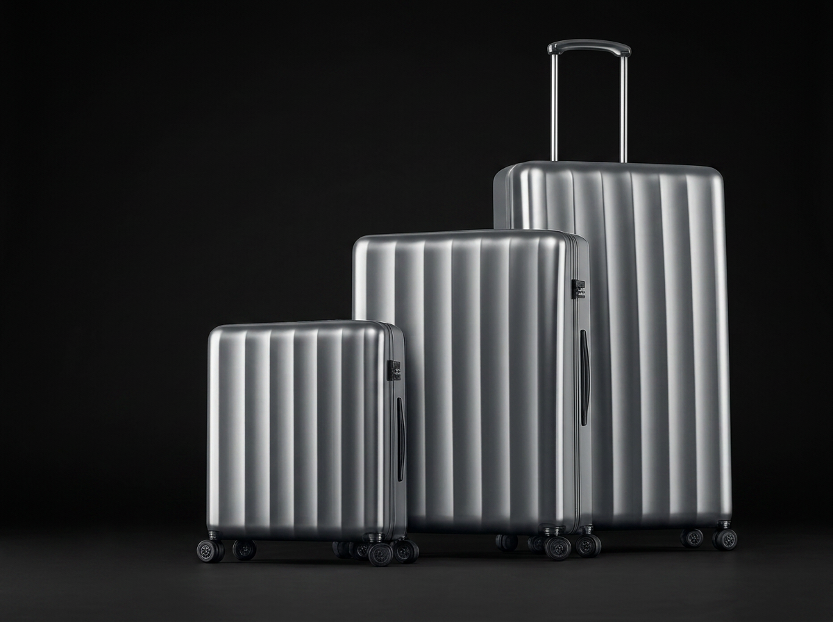 Three silver suitcases of different sizes on a black background, arranged from smallest to largest, with the largest having an extended handle.