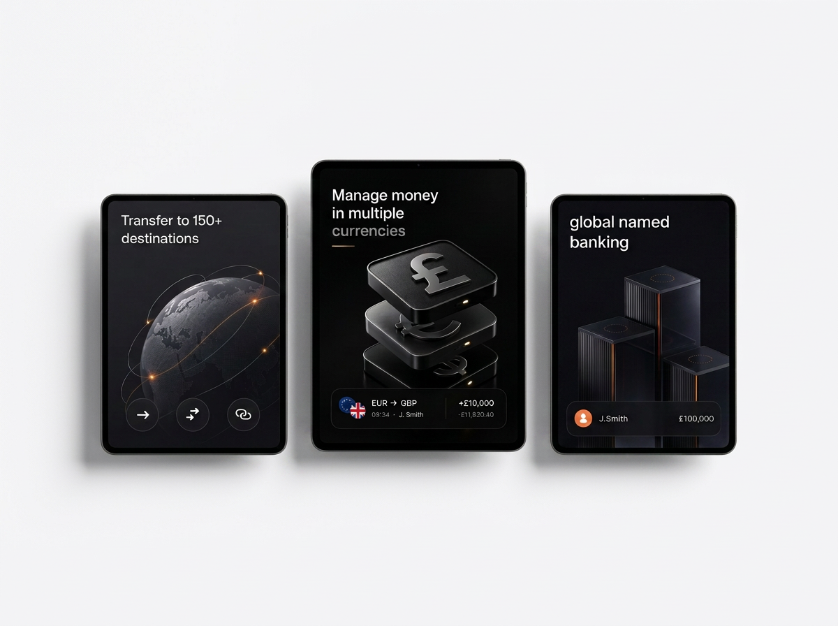 Three smartphones displaying digital banking and currency management apps. The left screen shows a globe with migration paths; the middle screen features managing money in multiple currencies; the right screen displays global named banking with user profile and account balance.